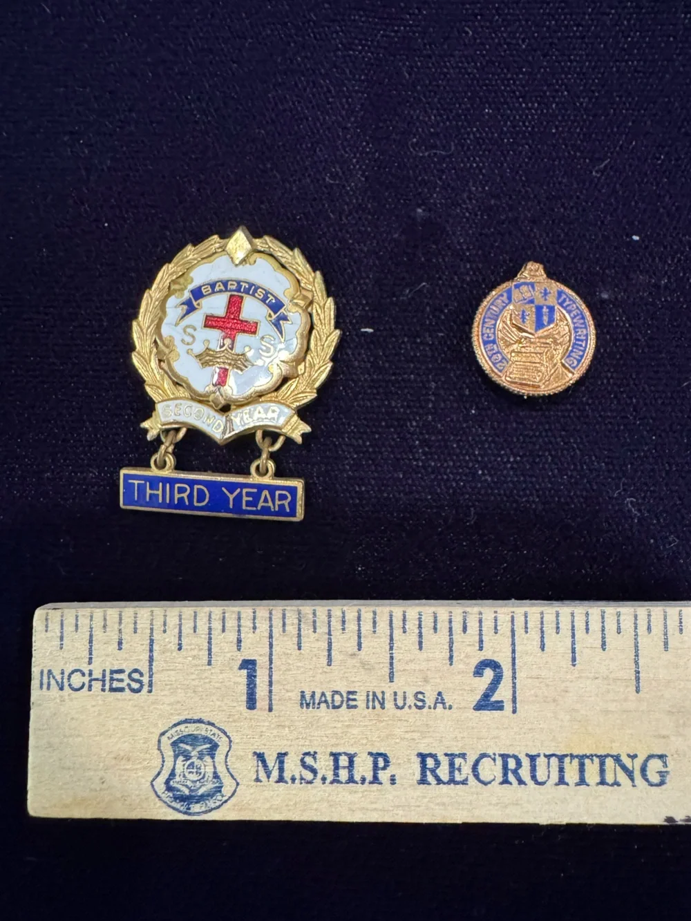 Vintage Third Year & Second Year Enamel School Badges - Blue, White, Gold